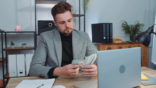 西装革履的富商在笔记本电脑上清点现金，计算收入收入利润图片下载