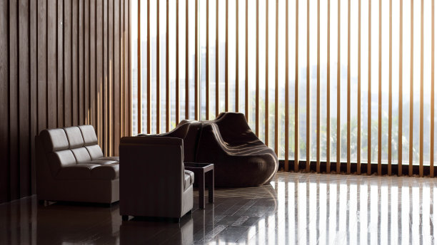 在大厅里没有人的沙发和桌子。晨光遮蔽了白色，在地板上创造了一个阴影图案图片下载