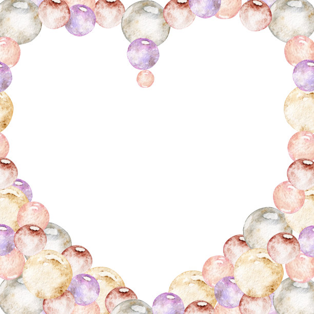 手绘水彩画心形框架与粉彩泡沫情人节。孤立在白色背景上。设计纸张，爱情和贺卡，纺织，印刷，壁纸，婚礼图片下载