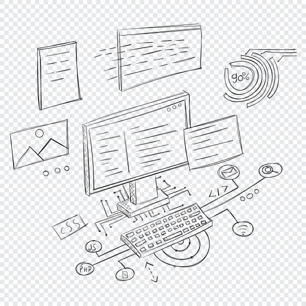 手绘涂鸦电脑。电脑草图。创意办公空间的概念。有电脑的工作场所。矢量图图片下载