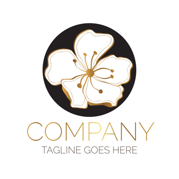 花优雅的金色和黑色的花标志设计。圆圈绽放徽章图片下载