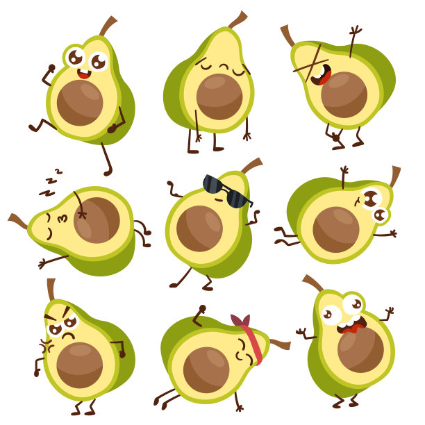 可爱的卡通情感鳄梨人物贴纸在白色背景图片下载