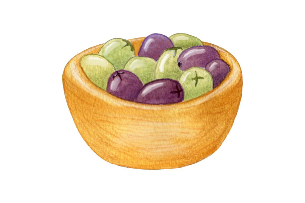 橄榄。木碗里的绿橄榄和紫橄榄。插图孤立在白色背景上。手绘。图片下载