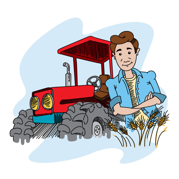 快乐的农民站在拖拉机前。农业工作。矢量插图在卡通风格。图片下载