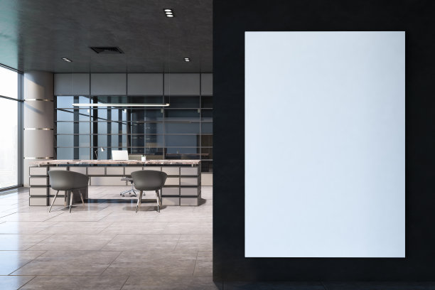 在巨大的现代室内设计办公室，工作台，光滑的地板和镜子装饰的墙壁背景，黑色墙壁上的空白光海报的正面视图。3D渲染，模型图片下载