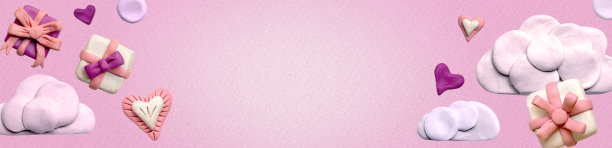 海报或横幅上的云，礼品盒和橡皮泥心形在浅粉色的背景。促销和购物模板或背景的爱情和情人节的概念。3D插画，可爱的面团形状。图片下载