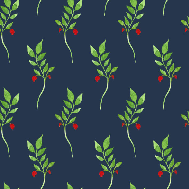 水彩无缝手绘花卉图案与抽象的红色浆果和绿叶图片下载