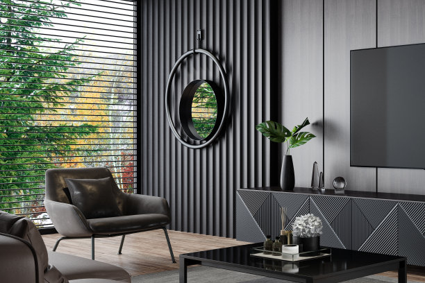 豪华的黑暗客厅内部75英寸电视图片下载