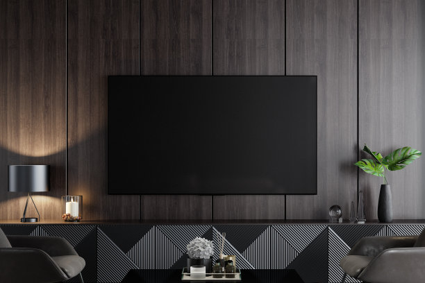 豪华的黑暗客厅内部75英寸电视图片下载