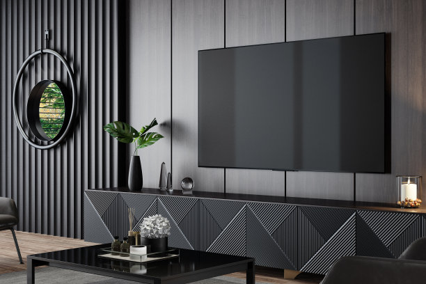 豪华的黑暗客厅内部75英寸电视图片下载