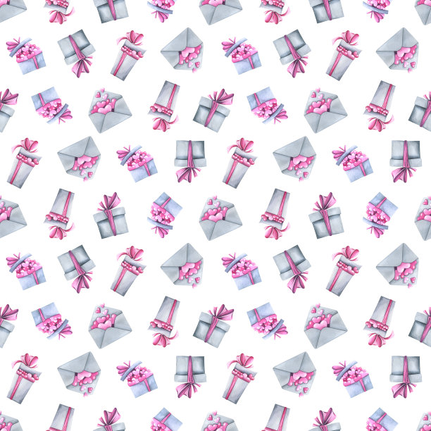 灰色的礼品盒和一个印有粉红色心形和蝴蝶结的信封。水彩插图。白色背景上的无缝图案来自情人节系列。用于装饰和设计。图片下载