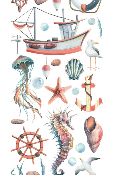 海洋水下动物，灯塔和船。图片下载