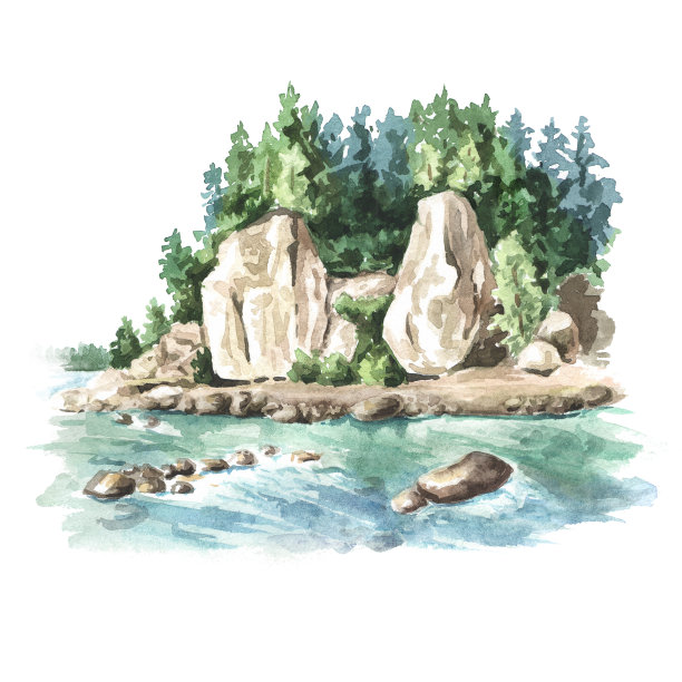 岩石河岸和山脉。手绘水彩插图，孤立的白色背景图片下载