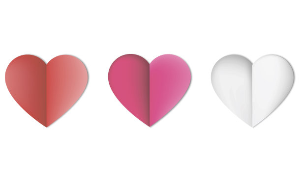 矢量红心集合。四颗带有阴影的现实心。浪漫爱情符号图标集，设计元素为情人节，生日，婚礼，邀请，贺卡。图片下载