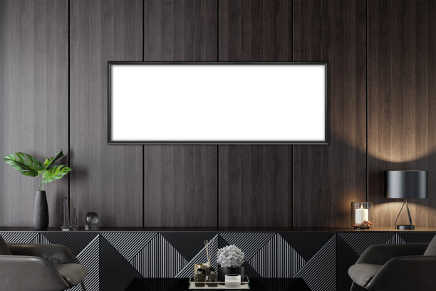 黑色豪华现代复古风格的客厅与空白的图像框架图片下载