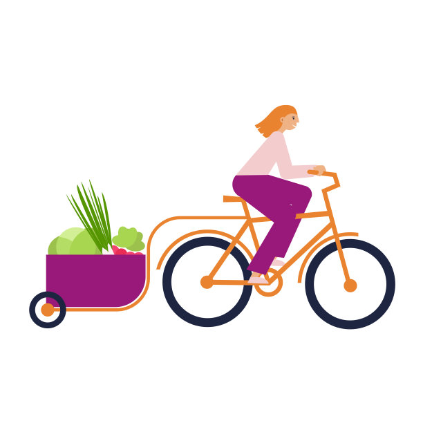 一名妇女骑着货车从市场上搬运水果和蔬菜。骑在面包房上购物。平面矢量图图片下载