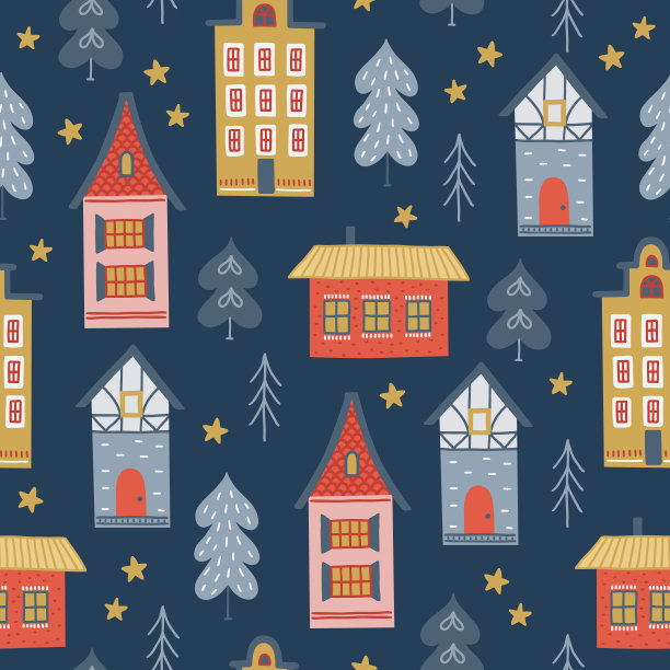 圣诞无缝模式与房屋，星星和冷杉树图片下载