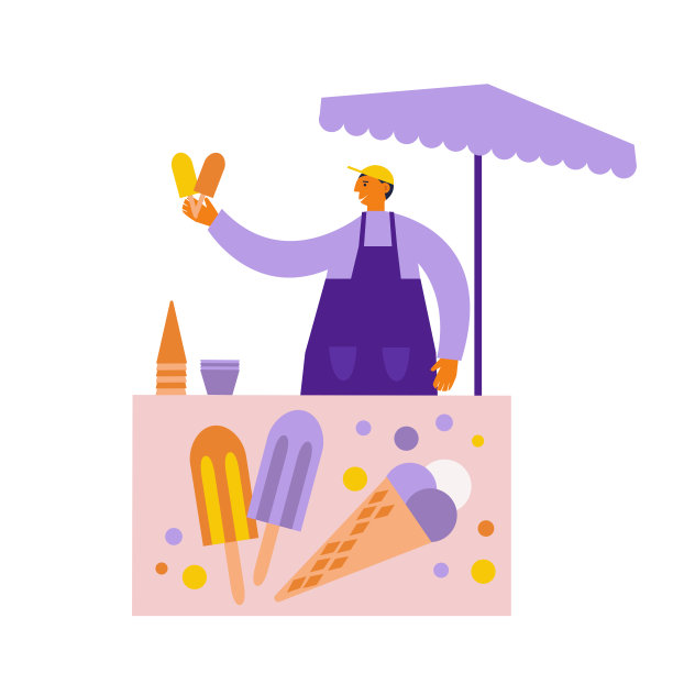 男人卖水果冰。冰淇淋街头小吃摊。平面卡通矢量插图图片下载