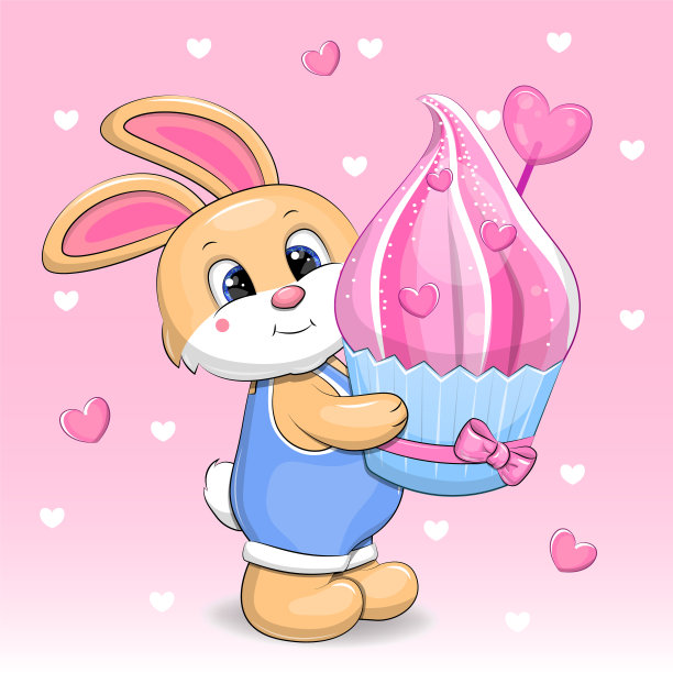 一只可爱的卡通兔子正拿着一个大纸杯蛋糕。图片下载
