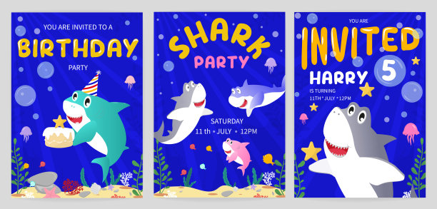鲨鱼派对邀请函套装。卡通水下背景与可爱的鲨鱼。矢量图图片下载