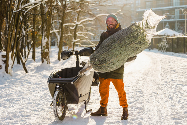 男子用货运自行车运送圣诞树图片下载