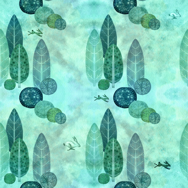 无缝模式。水彩风景。树，灌木和云-水彩图像。使用印刷材料，标志，物品，网站，地图，海报，传单，包装。图片下载