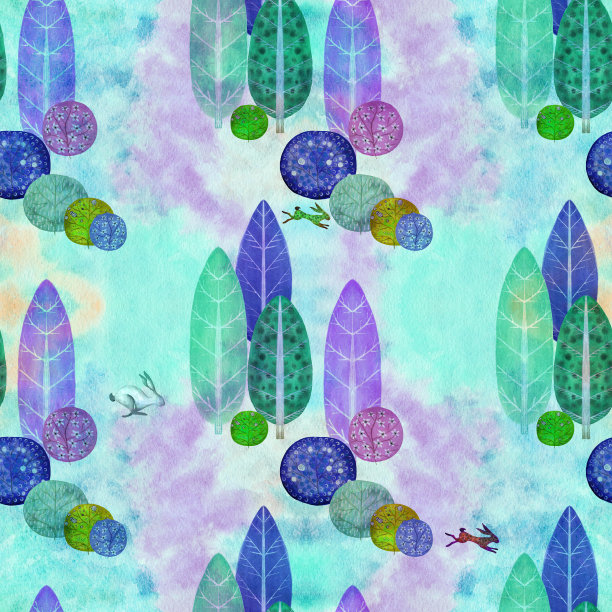 无缝模式。水彩风景。树，灌木和云-水彩图像。使用印刷材料，标志，物品，网站，地图，海报，传单，包装。图片下载