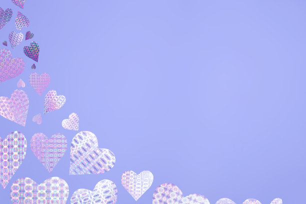 漂浮的心，彩虹霓虹的背景。全息抽象软粉彩的颜色。全息图衬托美学。新潮的蒸汽波创意梯度。图片下载