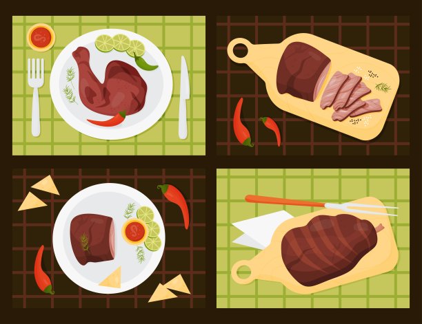墨西哥烤肉。炸鸡腿，烤牛肉和炸猪腿。上菜的盘子和厨房板桌布。从上面看。孤立矢量插图。图片下载