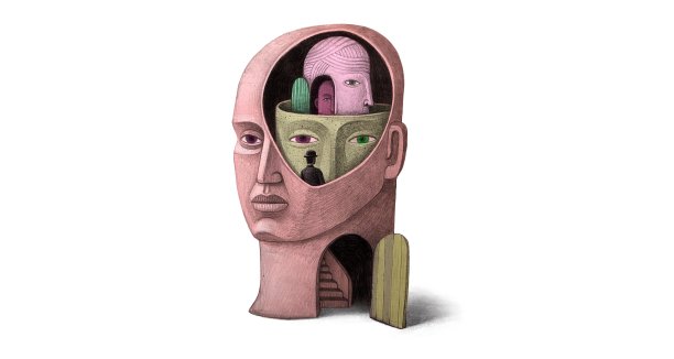 观念艺术的思考，大脑，心灵，心理健康，精神，灵魂和心理学。概念理念艺术。超现实主义绘画插图。孤立在白色背景上。图片下载