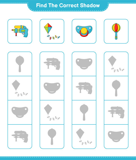 找到正确的阴影。找到并匹配风筝，水枪，婴儿拨浪鼓，奶嘴的正确影子。教育儿童游戏，可打印的工作表，矢量插图图片下载