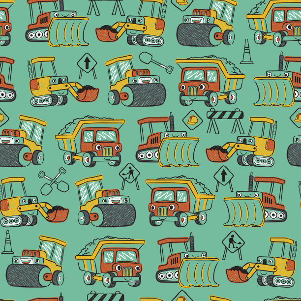无缝图案矢量手绘施工车辆卡通，施工元素图片下载