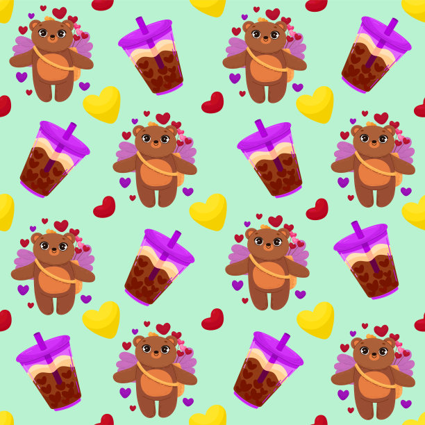 矢量浪漫无缝模式与心形，可爱的熊和美味的饮料在绿色背景。理想的包装纸，装饰，纺织品。图片下载
