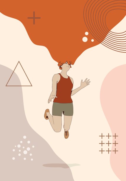 跳跃的美丽女人。运动女孩插图。年轻女子穿着运动服。运动时尚女孩轮廓在城市休闲风格。抽象的现代艺术背景与简单的几何形状。图片下载