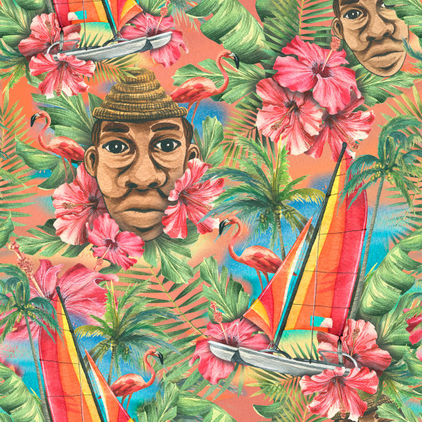 一个热带无缝图案，有帆船、花朵、棕榈叶、粉红色火烈鸟和一个拉丁男人。水彩插图，明亮，多汁，夏天，海滩从古巴收集。织物、纺织品图片下载