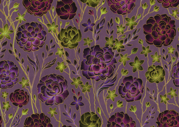 水彩画明亮的紫色和绿色的花朵和叶子与金色轮廓纹理的背景图片下载