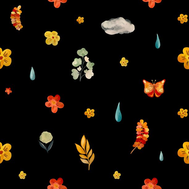 花蝴蝶滴云黑色无缝图案图片下载