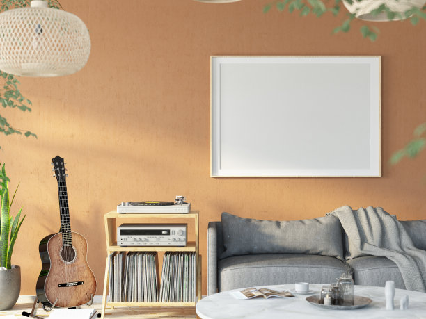 在舒适的客厅墙上的空模拟相框图片下载