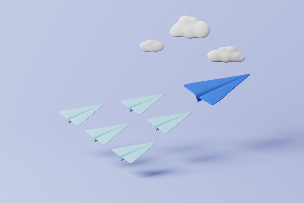 3D渲染深蓝色和浅蓝色的纸飞机在空中。领导的概念图片下载