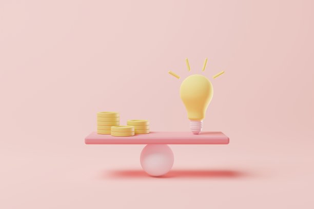 3D渲染灯泡和堆叠硬币的秤。投资教育，经营理念理念图片下载
