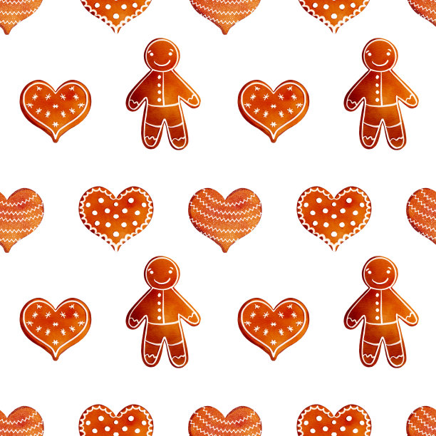 手绘水彩无缝图案与圣诞姜饼饼干，糖果，心脏，姜饼人图片下载