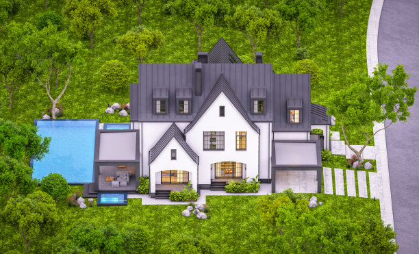 三维渲染的白色和黑色现代都铎房屋在晚上图片下载