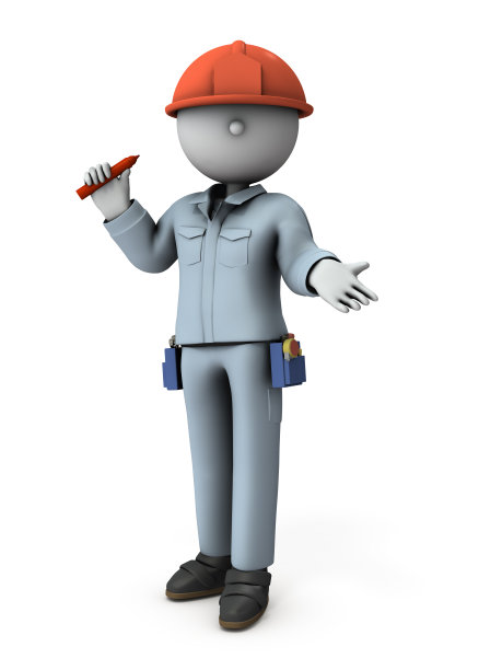 穿着工作服，戴着头盔的工程师。手握笔的欢迎态度。会议上的解释。3 d渲染。白色背景。微不足道的人物。工具带上有很多工具。图片下载