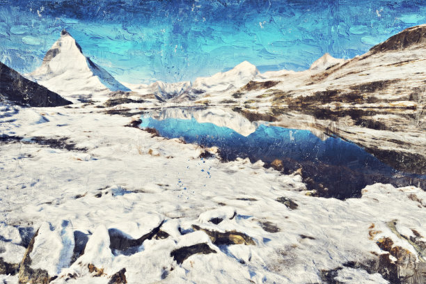 Impasto油画美丽的风景马特洪峰在雪在瑞士采尔马特。图片下载