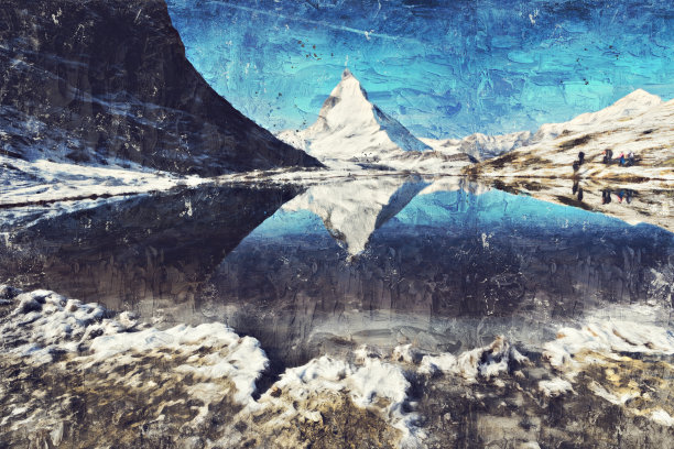Impasto油画美丽的风景马特洪峰在雪在瑞士采尔马特。图片下载