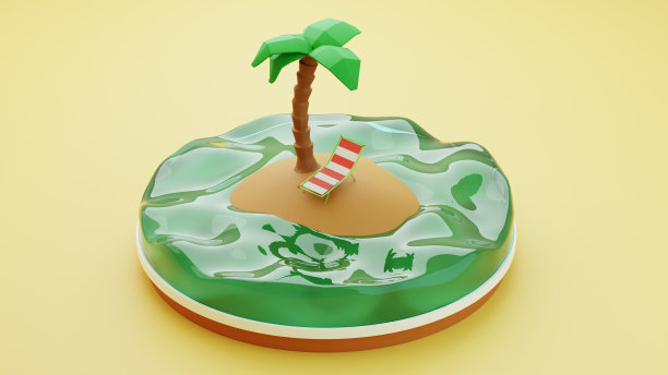 3D渲染风格化的热带小岛，有棕榈树和日光浴床。3 d图形。插图3 d图片下载