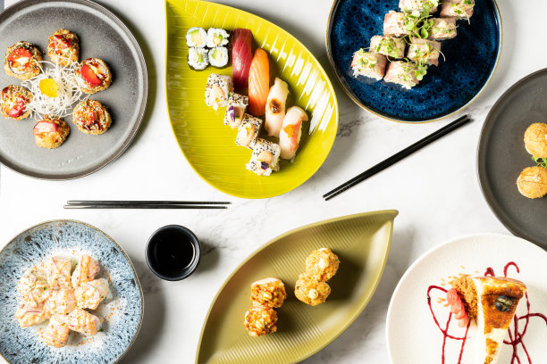 从上面看不同的盘子，不同类型的寿司。日本的食物。图片下载