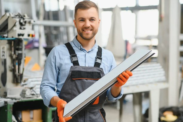 工厂为铝型材和PVC门窗生产。手工工人组装PVC门窗。图片下载