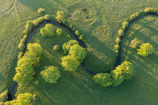 夏天的森林。绿色的落叶树木和夕阳下蜿蜒的蓝色河流。Soomaa草甸，爱沙尼亚，欧洲图片下载