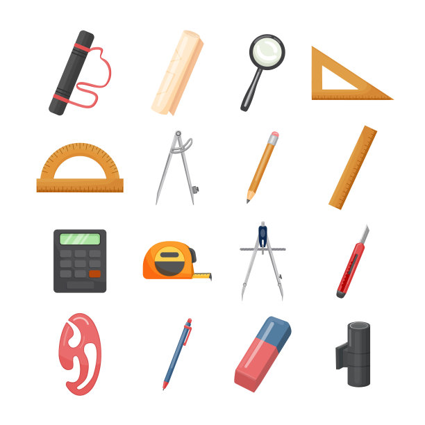 建筑师装备图标设置卡通矢量。学校设计图片下载